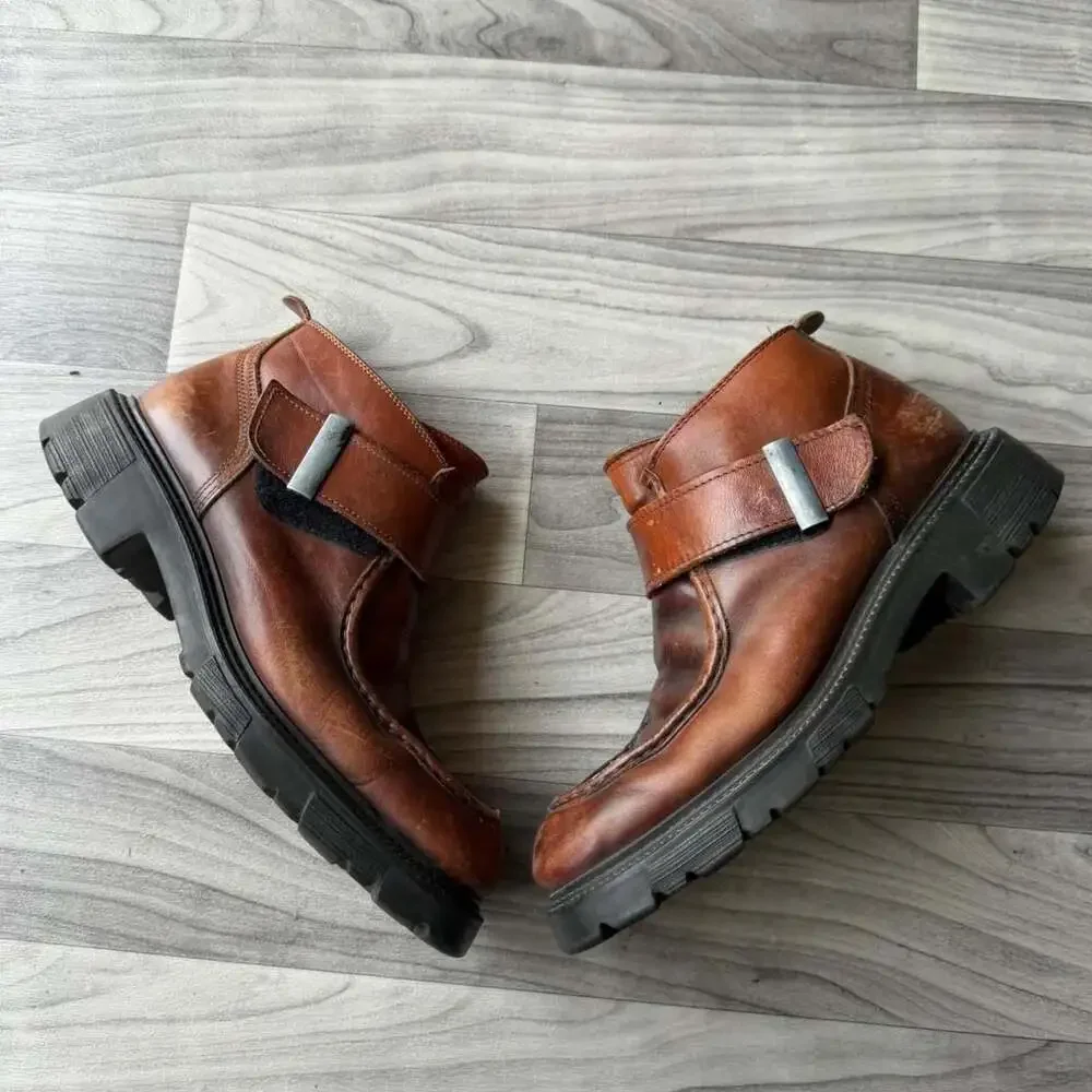 Vintage Y2K Leather Chunky Buckle Ankle Boots Brown Mens Size 12